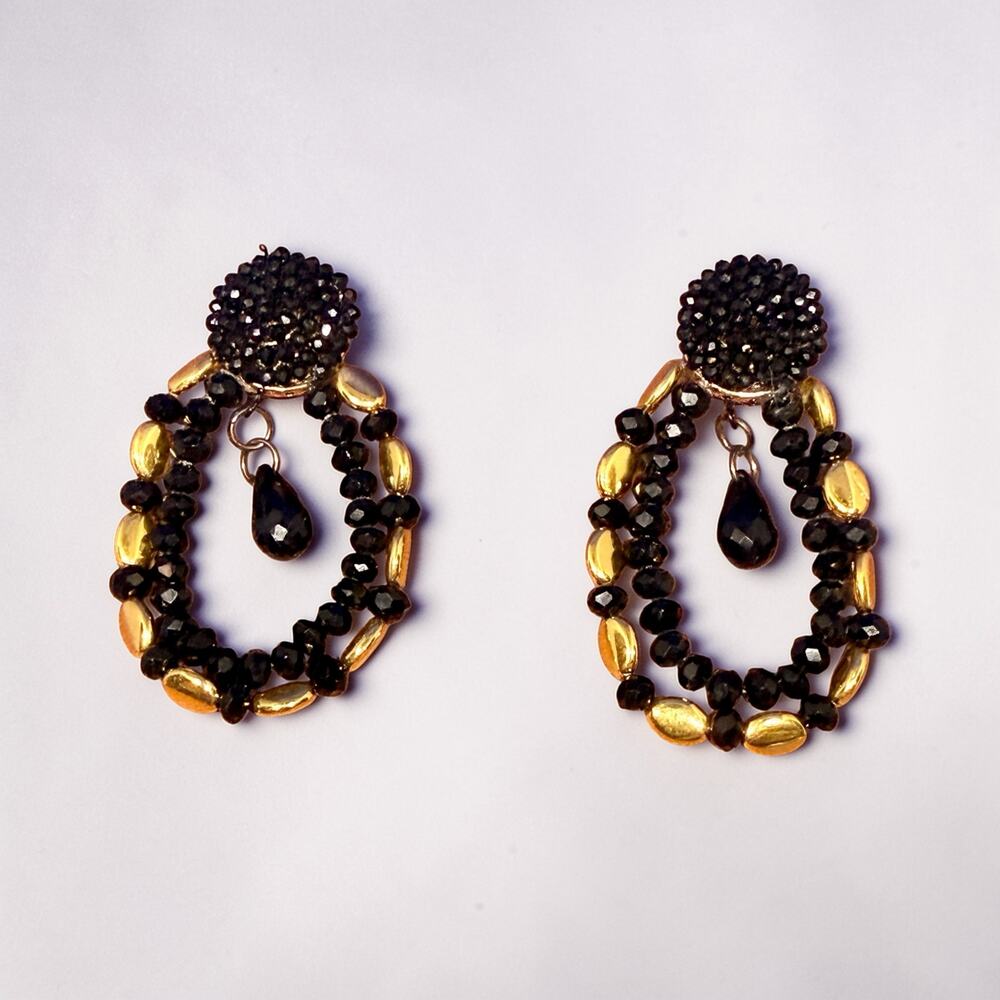🧚🏻‍♀️ Handmade Black & Gold Beaded Drop Earrings Statement 2.75” Bold Chic